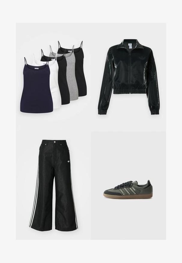 Zwarte glanzende cropped jas met een ritssluiting aan de voorkant, hoge kraag en elastische zoom. Voorzien van drie strepen op de mouwen en een klein logo op de borst.; Vijf topjes in marineblauw, wit, grijs, zwart en zwart, met dunne verstelbare bandjes en een aansluitend ontwerp gemaakt van zachte katoen.; Zwarte denim broek met wijde pijpen, voorzien van drie witte strepen aan elke zijkant en een klein wit logo. Heeft voorzakken en een knoopsluiting.; adidas Originals SAMBA OG - Sneakers laag - core black/legend earth/gum