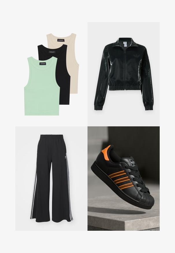 Černá lesklá zkrácená bunda se zipem vpředu, vysokým límcem a elastickým lemem. Má tři pruhy na rukávech a malé logo na hrudi.; Tři tílka v mátové zelené, černé a béžové barvě; vyrobená z žebrované látky s kulatým výstřihem a bez rukávů. Viditelná značková etiketa.; Černé pohodlné tepláky širokého střihu s elastickým pasem, na boční straně s bílými pruhy a vyšitým logem na levé stehně.; Černé tenisky s oranžovými akcenty, třemi horizontálními pruhy, texturovaným koženým svrškem, gumovou špicí a černými tkaničkami.