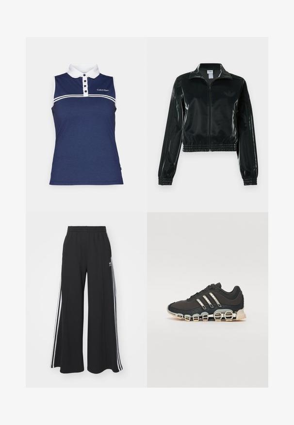 Černá lesklá zkrácená bunda se zipem vpředu, vysokým límcem a elastickým lemem. Má tři pruhy na rukávech a malé logo na hrudi.; Námořnický bezrukávový polo tričko vyrobené z texturované látky, s bílým límcem, čtyřicí knoflíčků a vodorovnými bílými pruhy přes hruď.; Černé pohodlné tepláky širokého střihu s elastickým pasem, na boční straně s bílými pruhy a vyšitým logem na levé stehně.; Černá atletická bota s texturovaným svrškem, třemi stříbrnými pruhy a výraznou odpruženou podrážkou se spoustou integrovaných sekcí.