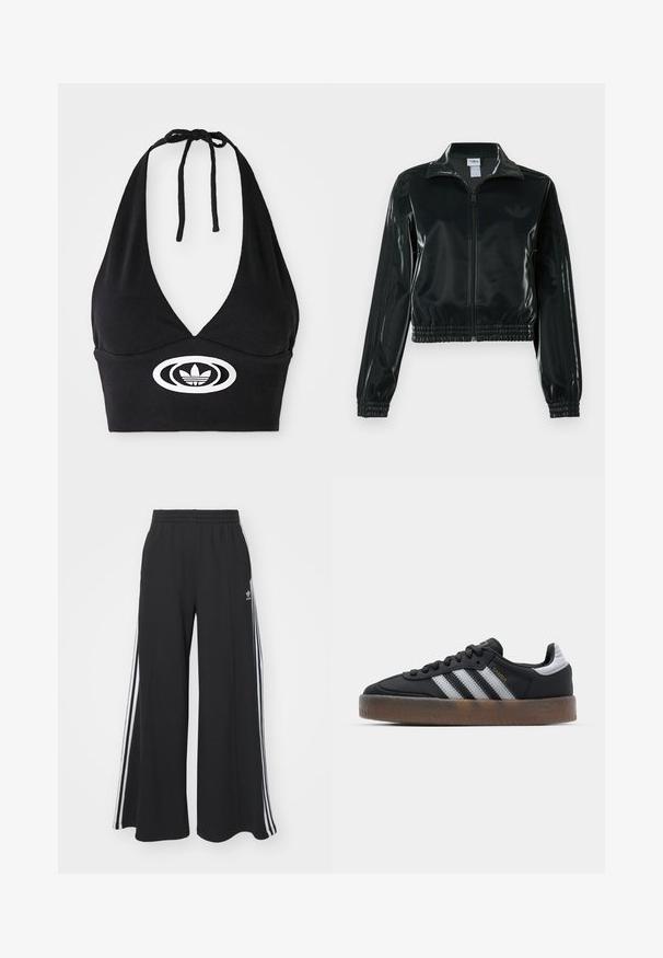 Černá lesklá zkrácená bunda se zipem vpředu, vysokým límcem a elastickým lemem. Má tři pruhy na rukávech a malé logo na hrudi.; Černý halter top z žebrované látky, s hlubokým V výstřihem a centrálním bílým logem se třemi pruhy. Uvázání za krkem.; Černé pohodlné tepláky širokého střihu s elastickým pasem, na boční straně s bílými pruhy a vyšitým logem na levé stehně.; Černé tenisky s elegantním designem, které mají tři bílé pruhy, černý jazyk a texturovanou hnědou gumovou podrážku. Akcenty zlatého písma.