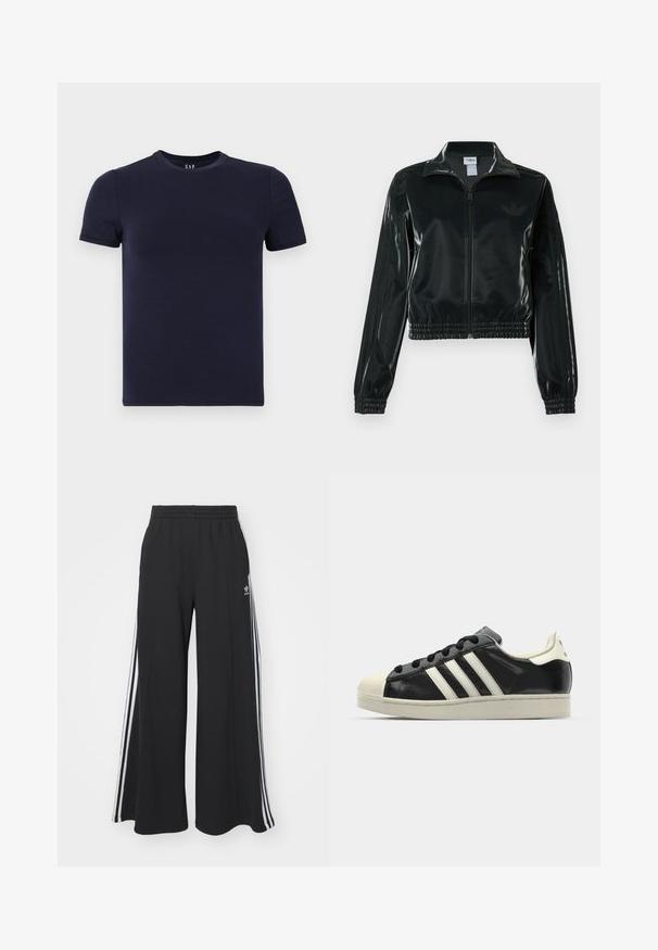 Black glossy cropped jacket with a zip front, high collar, and elasticized hem. Features three stripes on sleeves and a small logo on the chest.; Navy blue crew neck t-shirt made of smooth cotton fabric, featuring short sleeves and a regular fit. Simple, seamless design without patterns.; Black wide-leg sweatpants with an elastic waistband, featuring white side stripes and an embroidered logo on the left thigh.; Black leather sneaker with white stripes, rubber toe cap, black laces, and a cream-colored outsole. Smooth texture with shiny finish.