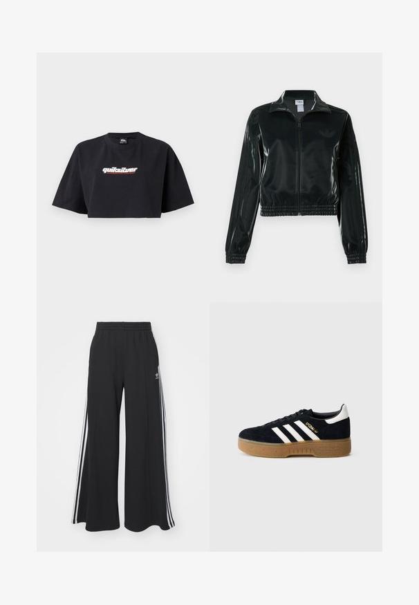 Sort, glinsende cropped jakke med lynlås foran, høj krave og elastisk kant. Har tre striber på ærmerne og et lille logo på brystet.; Sort crop top t-shirt med korte ærmer, lavet af bomuld. Foran vises "Quiksilver Boarding Company" logoet i hvidt og rødt.; Sorte brede sweatpants med elastisk talje, med hvide sidelommer og et broderet logo på venstre lår.; Sort ruskindssneaker med hvide tre striber og guldfarvet logo. Sål i gummi med tekstureret greb. Klassisk lavtop-design med rundet tå.