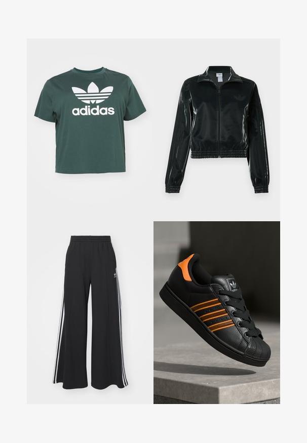 Black glossy cropped jacket with a zip front, high collar, and elasticized hem. Features three stripes on sleeves and a small logo on the chest.; adidas Originals TEE BOXY - Print T-shirt - mineral green; Black wide-leg sweatpants with an elastic waistband, featuring white side stripes and an embroidered logo on the left thigh.; Black sneaker with orange accents, three horizontal stripes, textured leather upper, rubber toe cap, and black laces.