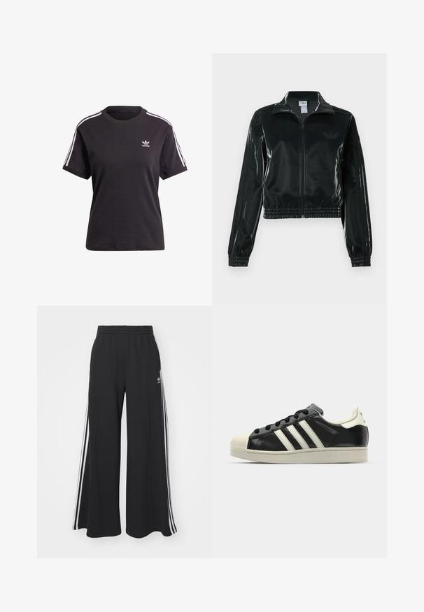 Melna spīdīga īsā jaka ar rāvējslēdzēja priekšpusi, augstu apkakli un elastīgu apakšu. Piedevas ir trīs svītras uz piedurknēm un neliels logotips uz krūtīm.; Melna kokvilnas t-krekls ar īsām piedurknēm un apaļu kakla izgriezumu, ar baltām svītrām uz pleciem un mazu baltu Adidas logo uz krūtīm.; Melnas plašas sporta bikses ar elastīgu jostasvietu, kurām ir baltas sānu svītras un izšūts logo kreisajā augšstilbā.; Melna ādas sporta apava ar baltām svītrām, gumijas purngala aizsardzību, melnām auklām un krēma krāsas zoli. Gluda tekstūra ar spīdīgu apdari.
