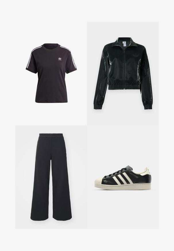 Juoda blizgi trumpa striukė su užtrauktuku priekyje, aukštu apykakliu ir elastine apačia. Rankovėse trys dryžiai ir mažas logotipas ant krūtinės.; Juodas medvilninis trumpa rankovėmis marškinėliai su apvalia iškirpte, su baltais dryžiais ant pečių ir maža balta Adidas logo ant krūtinės.; Juoda plačių kojų sportinė kelnė, pagaminta iš minkštos medžiagos, su elastinga juosmens juosta ir mažu logotipu kairėje pusėje.; Juodi odiniai sportiniai bateliai su baltais dryžiais, guminis toe kapas, juodi raišteliai ir kreminis padas. Lygus pavirčius su blizgiu finišu.