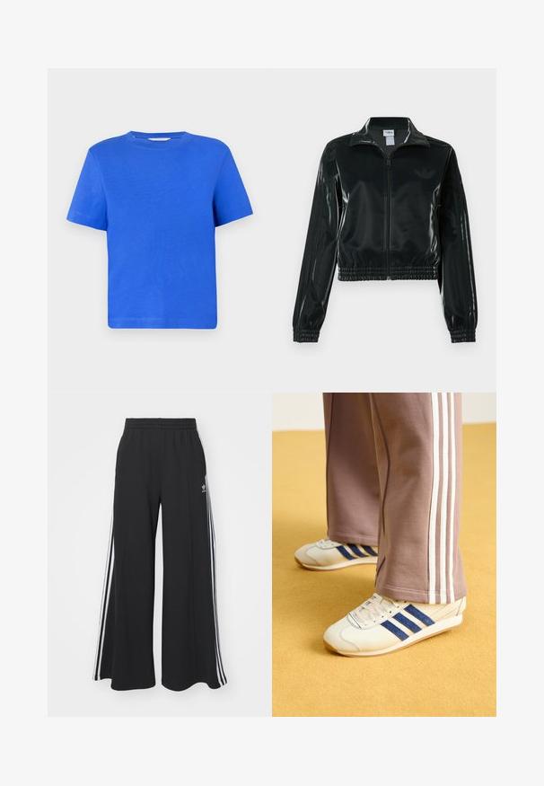Chaqueta corta negra brillante con cremallera en el frente, cuello alto y dobladillo elástico. Presenta tres rayas en las mangas y un pequeño logo en el pecho.; Camiseta azul de manga corta hecha de algodón. Presenta un escote redondeado y un diseño simple de un solo color. Textura suave, corte relajado.; Pantalones de chándal negros de pierna ancha con una cinturilla elástica, que presentan franjas blancas a los lados y un logo bordado en el muslo izquierdo.; Zapatillas de crema con rayas de ante azul, cordones blancos y suela de goma. Combinadas con pantalones de chándal grises que presentan rayas laterales blancas.