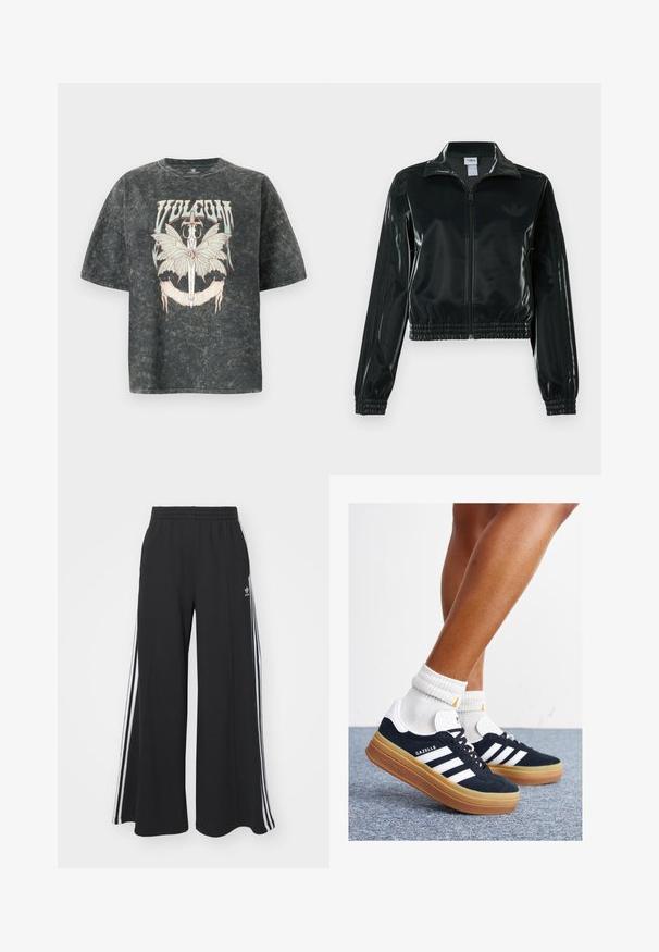Black glossy cropped jacket with a zip front, high collar, and elasticized hem. Features three stripes on sleeves and a small logo on the chest.; Volcom VOLTRIP TEE - Print T-shirt - vintage black; Black wide-leg sweatpants with an elastic waistband, featuring white side stripes and an embroidered logo on the left thigh.; Black suede sneakers with white stripes and accents, rounded toe, gum rubber outsole, paired with white ribbed crew socks.