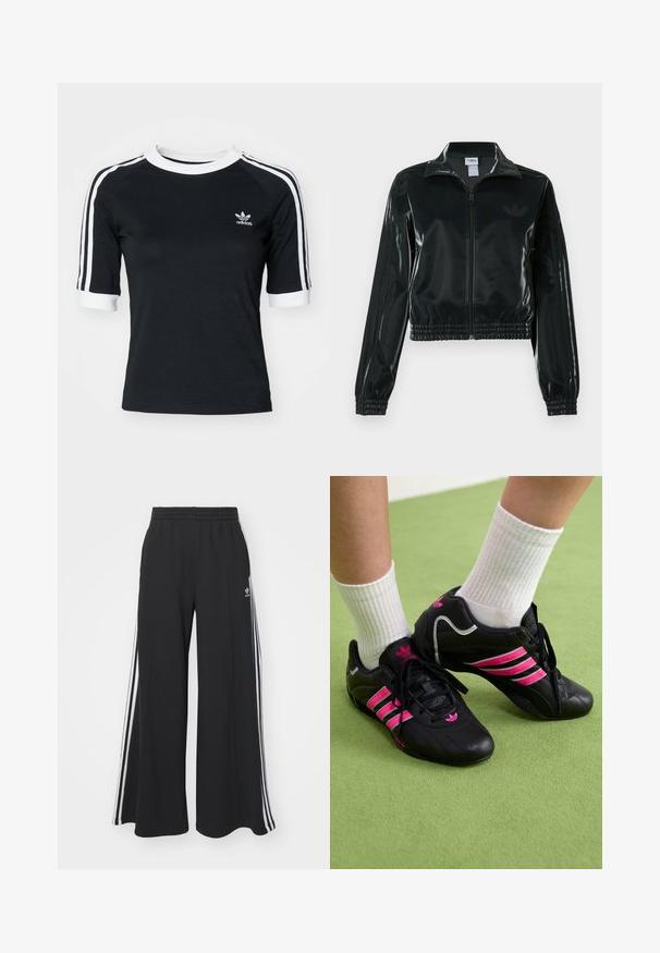 Sort blank cropped jakke med glidelås foran, høy krage og elastisk nederkant. Har tre striper på ermene og en liten logo på brystet.; Svart bomull T-skjorte med hvite detaljer, med rund hals og korte ermer. Venstre bryst har et hvitt Adidas-logo og tre striper langs ermene.; Svart vide joggebukser med elastisk midjebånd, med hvite sidestriper og brodert logo på venstre lår.; Sorte sportsko med tre rosa striper, teksturert læroverdel, svarte snører og logodetalj, sammen med hvite ribbestrikkede sokker på grønt underlag.
