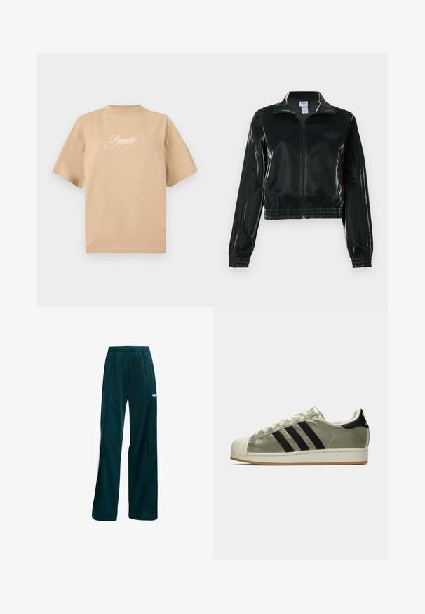 Casaco curto preto brilhante com fecho de correr frontal, gola alta e bainha elástica. Apresenta três riscas nas mangas e um pequeno logotipo no peito.; T-shirt de algodão bege com mangas curtas, decote redondo e texto branco em caligrafia na parte da frente que diz "Os Sonhos dos Pegadores Tornam-se Reais."; Calças atléticas em azul-escuro feitas de um tecido leve, com um design simples, cintura elástica e detalhes laterais brancos.; Ténis Adidas com um parte superior metálica em olive, três riscas pretas, capa de biqueira em borracha e sola de borracha natural. Design clássico com tecido texturizado.