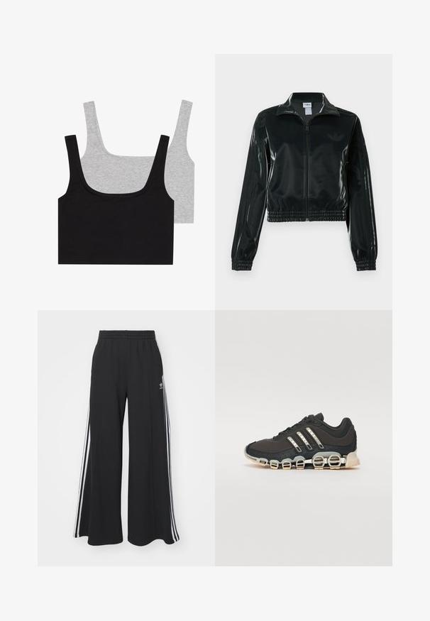 Sort, glinsende cropped jakke med lynlås foran, høj krave og elastisk kant. Har tre striber på ærmerne og et lille logo på brystet.; To bomuldsblandede tanktoppe: en sort og en grå, begge med ribbet tekstur og brede stropper, med en rund halsudskæring og en behagelig pasform.; Sorte brede sweatpants med elastisk talje, med hvide sidelommer og et broderet logo på venstre lår.; Sort træningssko med en tekstureret overdel, tre sølvstriber og en karakteristisk støttende sål med flere integrerede sektioner.