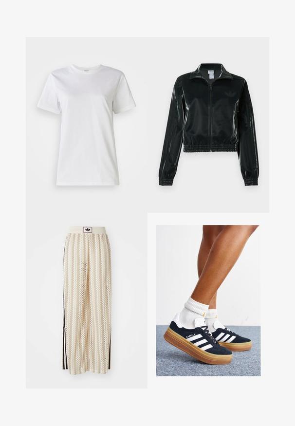 Sort blank cropped jakke med glidelås foran, høy krage og elastisk nederkant. Har tre striper på ermene og en liten logo på brystet.; Hvit bomulls T-skjorte med rund hals og korte ermer. Stoffet er glatt med en myk tekstur og uten synlige mønstre eller detaljer.; Kremfargede bukser med brede ben og zigzag-mønster, med en svart logo-linning og svarte striper på siden. Lett, teksturert stoff.; Svarte sneakers i semsket skinn med hvite striper og detaljer, rund tå, yttersåle i gummigummi, kombinert med hvite ribbestrikkede crew-sokker.