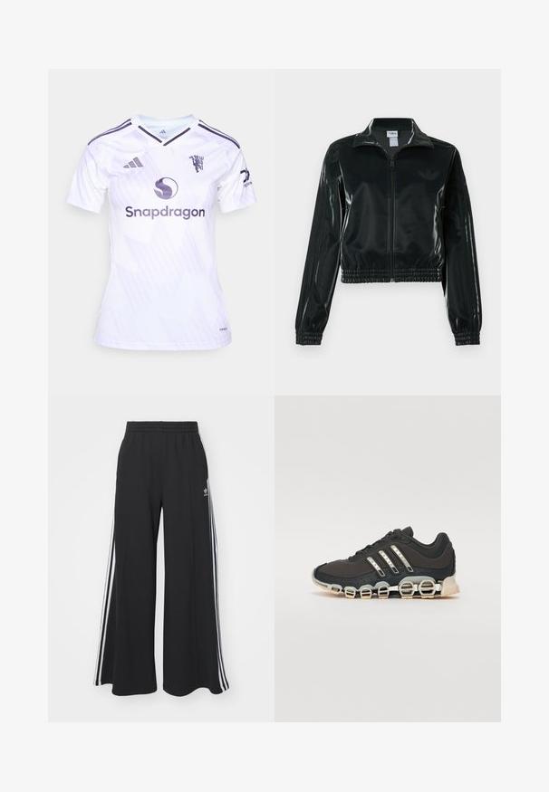 Casaco curto preto brilhante com fecho de correr frontal, gola alta e bainha elástica. Apresenta três riscas nas mangas e um pequeno logotipo no peito.; Camisa de futebol branca com detalhes e riscas em roxo. Apresenta o logo da Adidas, um emblema de leão e "Snapdragon" impresso na frente. Tecnologia AeroReady.; Calças de suor largas e pretas com uma cintura elástica, apresentando riscas brancas nas laterais e um logótipo bordado na coxa esquerda.; Shoe desportivo preto com um upper texturizado, três riscas prateadas e uma sola de amortecimento distinta, apresentando múltiplas secções integradas.