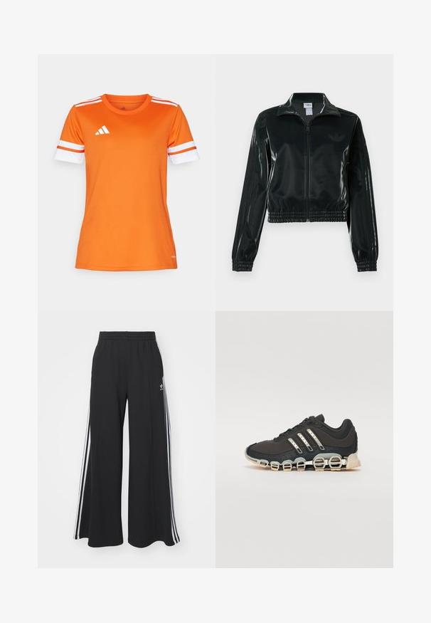 Čierna lesklá skrátená bunda so zipsom vpredu, vysokým golierom a elastickým lemom. Rukávy zdobia tri pruhy a na hrudi je malý logo.; Oranžové športové tričko s bielymi a oranžovými pruhovanými rukávmi, vyrobené z hladkej tkaniny. Na hrudníku sa nachádza biele logo Adidas.; Čierne široké teplákové nohavice s elastickým pásom, so bielymi bočnými prúžkami a výšivkou loga na ľavom stehne.; Čierna športová obuv s textúrovaným zvrškom, tromi striebornými pruhmi a charakteristickou podošvou s viacerými integrovanými sekciami.