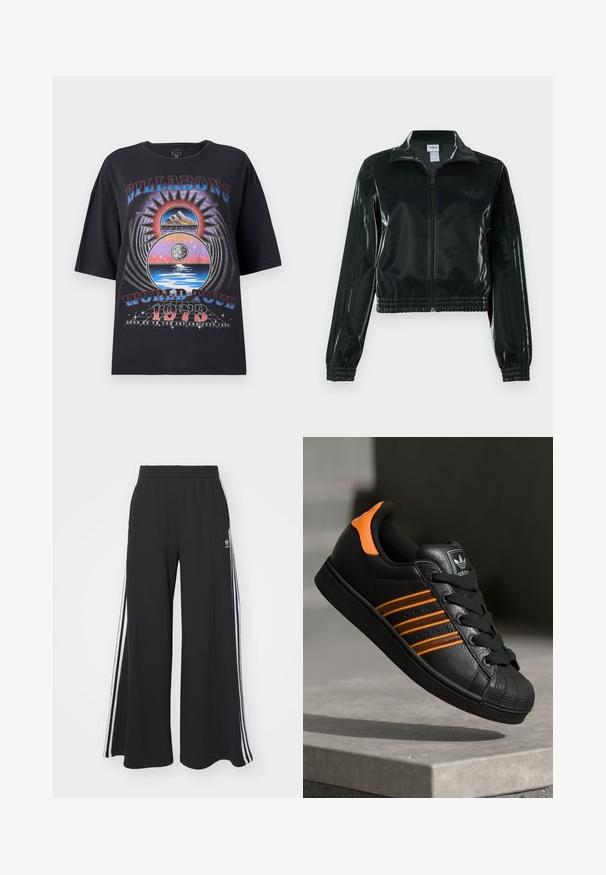 Casaco curto preto brilhante com fecho de correr frontal, gola alta e bainha elástica. Apresenta três riscas nas mangas e um pequeno logotipo no peito.; Camiseta oversized preta com um design gráfico colorido que inclui montanhas, sol e elementos aquáticos. O texto inclui "Billabong World Tour 1973."; Calças de suor largas e pretas com uma cintura elástica, apresentando riscas brancas nas laterais e um logótipo bordado na coxa esquerda.; Sapatilha preta com detalhes laranja, três riscas horizontais, parte superior em couro texturizado, bico de borracha e atacadores pretos.