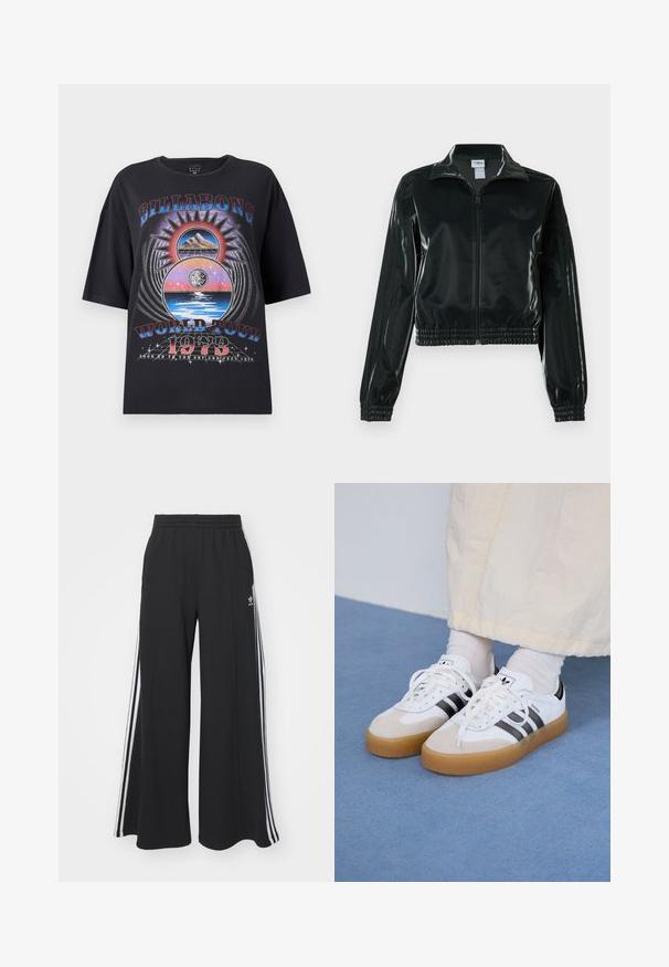 Casaco curto preto brilhante com fecho de correr frontal, gola alta e bainha elástica. Apresenta três riscas nas mangas e um pequeno logotipo no peito.; Camiseta oversized preta com um design gráfico colorido que inclui montanhas, sol e elementos aquáticos. O texto inclui "Billabong World Tour 1973."; Calças de suor largas e pretas com uma cintura elástica, apresentando riscas brancas nas laterais e um logótipo bordado na coxa esquerda.; Ténis brancos com riscas pretas e detalhes em camurça bege. Apresentam uma sola de borracha texturizada e atacadores brancos lisos, usados com meias de tom claro.