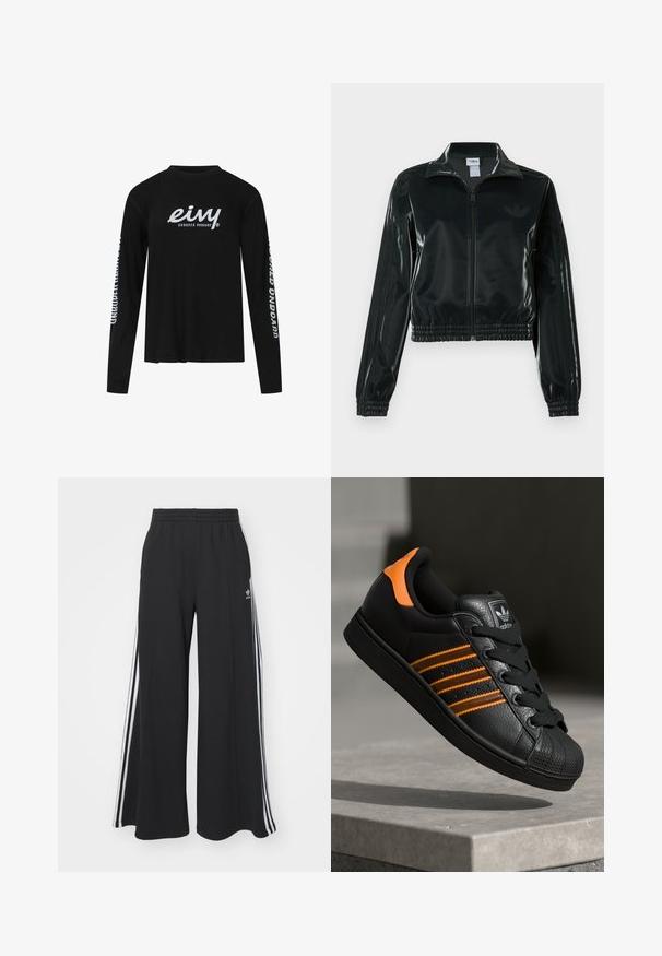 Black glossy cropped jacket with a zip front, high collar, and elasticized hem. Features three stripes on sleeves and a small logo on the chest.; Black long-sleeve T-shirt in cotton, featuring a large white graphic logo on the front and text along both sleeves. Round neckline, relaxed fit.; Black wide-leg sweatpants with an elastic waistband, featuring white side stripes and an embroidered logo on the left thigh.; Black sneaker with orange accents, three horizontal stripes, textured leather upper, rubber toe cap, and black laces.