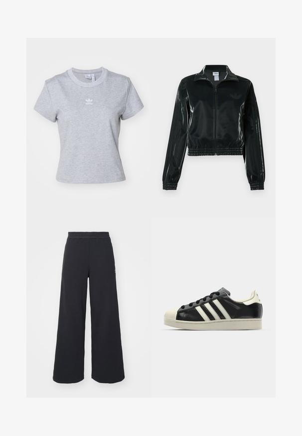 Chaqueta corta negra brillante con cremallera en el frente, cuello alto y dobladillo elástico. Presenta tres rayas en las mangas y un pequeño logo en el pecho.; adidas Originals ESS SLIM - Camiseta básica - medium grey heather; Pantalones de chándal negros de pierna ancha, hechos de una tela suave, con una cintura elástica y un pequeño logo en el lado izquierdo.; Zapatilla de cuero negro con rayas blancas, puntera de goma, cordones negros y suela color crema. Textura suave con acabado brillante.