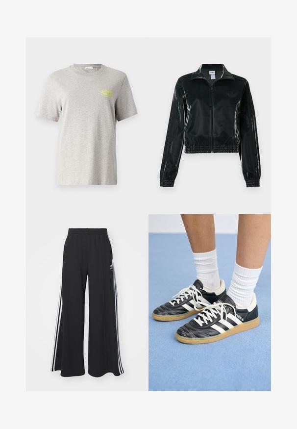 Juoda blizgi trumpa striukė su užtrauktuku priekyje, aukštu apykakliu ir elastine apačia. Rankovėse trys dryžiai ir mažas logotipas ant krūtinės.; Pilkos spalvos medvilninė marškinė su trumpomisRankovėmis, apvaliu kaklu, su geltonu logotipo tekstu "American Vintage" kairėje krūtinės pusėje.; Juodos plačios kojų džinsinės kelnės su elastingu juosmeniu, turinčios baltas šonines juosteles ir išsiuvinėtą logotipą kairiajame šlaunyje.; Juodos odinės sportbačiai su baltais dryžiais, apvalia nosimi, baltais raišteliais ir guminiu padu. Pabrėžti paminkštinta apykakle ir prekių ženklų detalėmis.