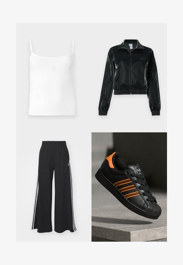 Casaco curto preto brilhante com fecho de correr frontal, gola alta e bainha elástica. Apresenta três riscas nas mangas e um pequeno logotipo no peito.; Top de alças finas, branco, com textura canelada, decote arredondado e um corte ajustado, feito de um suave tecido misto de algodão.; Calças de suor largas e pretas com uma cintura elástica, apresentando riscas brancas nas laterais e um logótipo bordado na coxa esquerda.; Sapatilha preta com detalhes laranja, três riscas horizontais, parte superior em couro texturizado, bico de borracha e atacadores pretos.