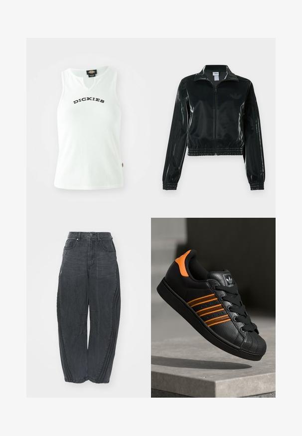 Jachetă neagră lucioasă, scurtă, cu fermoar frontal, guler înalt și tiv elastic. Are trei dungi pe mâneci și un mic logo pe piept.; Top fără mâneci, alb, cu un design în formă de V, având cuvântul "DICKIES" scris cu litere negre îngroșate pe piept.; Blugi negri largi din denim, cu un finisaj decolorat, cinci buzunare, închidere cu nasture la talie și detalii cusute pe față și pe laturi.; Adidași negri cu accente portocalii, trei dungi orizontale, parte superioară din piele texturată, capac de cauciuc pentru vârf și șireturi negre.