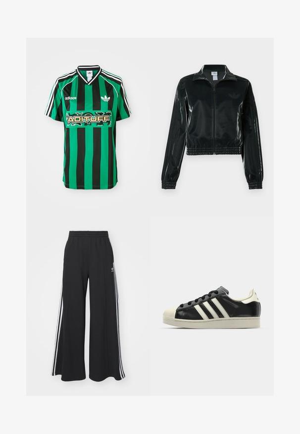 Casaco curto preto brilhante com fecho de correr frontal, gola alta e bainha elástica. Apresenta três riscas nas mangas e um pequeno logotipo no peito.; Camisola verde e preta às riscas, feita de um tecido leve, com decote em V, mangas curtas e um logótipo "ADITUFF" ao centro.; Calças de suor largas e pretas com uma cintura elástica, apresentando riscas brancas nas laterais e um logótipo bordado na coxa esquerda.; Sapatilha de couro preto com riscas brancas, biqueira de borracha, atacadores pretos e sola na cor creme. Textura suave com acabamento brilhante.