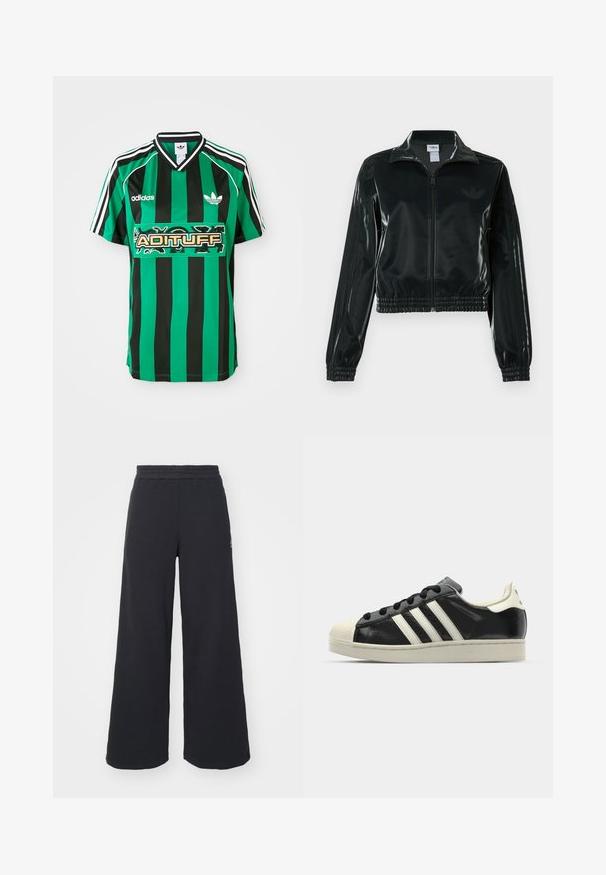 Černá lesklá zkrácená bunda se zipem vpředu, vysokým límcem a elastickým lemem. Má tři pruhy na rukávech a malé logo na hrudi.; Zeleno-černý pruhovaný dres vyrobený z lehkého materiálu, s výstřihem do V, krátkými rukávy a logem "ADITUFF" uprostřed.; Černé široké tepláky vyrobené z měkké tkaniny, s elastickým pasem a malým logem na levé straně.; Černé kožené sneakers s bílými pruhy, gumovou špičkou, černými tkaničkami a krémovou podešví. Hladký povrch s lesklým finišem.