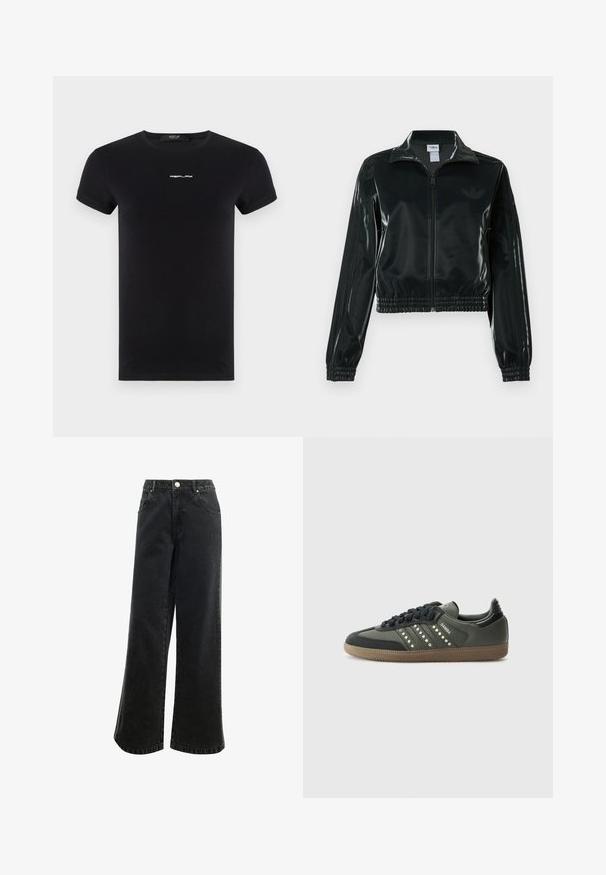 Schwarze glänzende, kurz geschnittene Jacke mit Reißverschluss vorne, hohem Kragen und elastischem Saum. Verfügt über drei Streifen an den Ärmeln und ein kleines Logo auf der Brust.; Replay LOGO - T-Shirt basic - black; Hochbundige, weit geschnittene schwarze Jeans mit Knopfverschluss, fünf Taschen und einem kleinen, auf der Vorderseite gestickten Logo. Strukturierter Stoff.; adidas Originals SAMBA OG - Sneaker low - core black/legend earth/gum