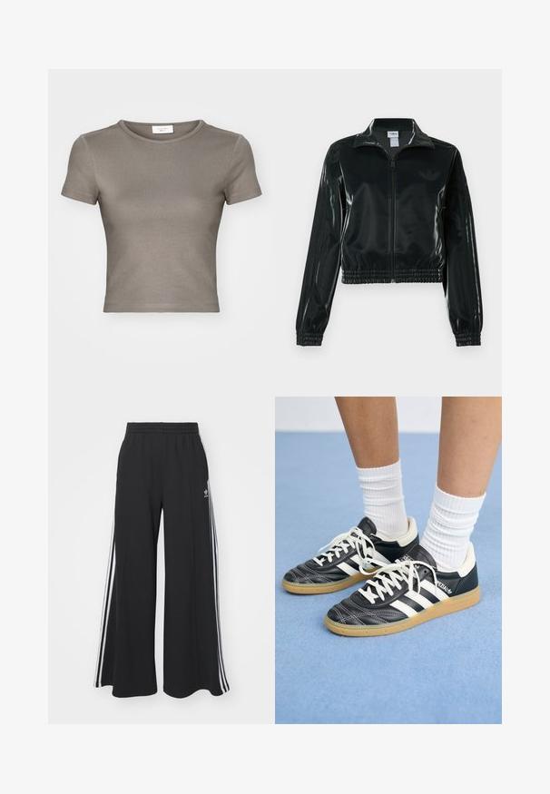 Czarna błyszcząca krótka kurtka na zamek błyskawiczny z przodu, z wysokim kołnierzem i elastycznym wykończeniem na dole. Na rękawach znajdują się trzy paski, a na piersi małe logo.; Koszulka z krótkim rękawem i okrągłym dekoltem w kolorze taupe, wykonana z gładkiej bawełny. Posiada dopasowany krój oraz delikatne przeszycia na dole i rękawach.; Czarne szerokie spodnie dresowe z elastycznym pasem, z białymi paskami po bokach i haftowanym logo na lewej udzie.; Czarne skórzane sneakersy z białymi paskami, okrągły czubek, białe sznurowadła i gumowa podeszwa. Podkreślone wyściełanym kołnierzem i detalami z logo.