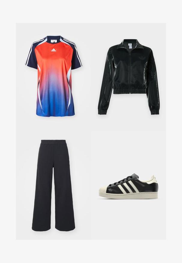 Melna spīdīga īsā jaka ar rāvējslēdzēja priekšpusi, augstu apkakli un elastīgu apakšu. Piedevas ir trīs svītras uz piedurknēm un neliels logotips uz krūtīm.; Adidas īsu piedurkņu sporta krekls ar gradientu no sarkanas uz zilu, ar tumši ziliem akcentiem un baltām svītrām gar pleciem.; Melni platās svārku bikses, izgatavotas no mīksta auduma, ar elastīgu jostas daļu un mazu logotipu kreisajā pusē.; Melna ādas sporta apava ar baltām svītrām, gumijas purngala aizsardzību, melnām auklām un krēma krāsas zoli. Gluda tekstūra ar spīdīgu apdari.