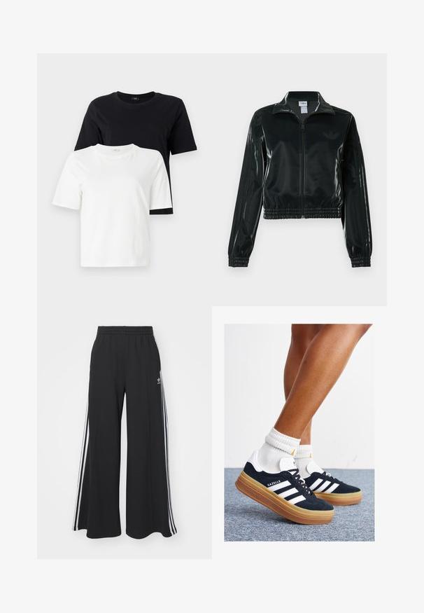 Crna sjajna kratka jakna s patentnim zatvaračem sprijeda, visokim ovratnikom i porubom s elastikom. Na rukavima ima tri pruge i mali logo na prsima.; Crne i bijele pamučne majice. Okrugli izrez, kratki rukavi, opušteni kroj. Crna majica je prikazana iznad bijele majice.; Crne široke trenirke s elastičnim pojasom, s bijelim bočnim trakama i izvezenim logom na lijevom bedru.; Crne tenisice od brušene kože s bijelim prugama i detaljima, okruglim vrhom, gumeni potplat boje gume, uparene s bijelim rebrastim čarapama.