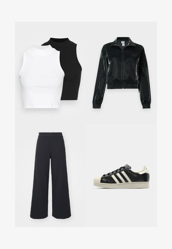 Must läikiv lühike jakk lukuga esiküljel, kõrge krae ja elastse äärega. Varrukatel on kolm triipu ja rinnal väike logo.; Kaks musta ja valget ilma varrukat ribikrae topi, millel on sobiv disain ja sile tekstuur, ning lühikesed pikkused.; Mustad laiad spordipüksid, mis on valmistatud pehmest kangast, elastse vöökohtaga ja väikese logoga vasakul küljel.; Must have nahkased mustad tossud valgete triipudega, kummist varbakattega, mustade paeltega ja kreemika värvusega tallaga. Sile tekstuur ja läikiv viimistlus.