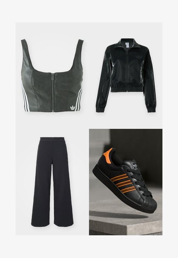 Casaco curto preto brilhante com fecho de correr frontal, gola alta e bainha elástica. Apresenta três riscas nas mangas e um pequeno logotipo no peito.; Top preto cropped com um fecho na frente, feito de um material suave. Apresenta três riscas verticais brancas de cada lado e um logo bordado.; Calças de fato largas, pretas, feitas de tecido macio, com uma cintura elástica e um pequeno logótipo do lado esquerdo.; Sapatilha preta com detalhes laranja, três riscas horizontais, parte superior em couro texturizado, bico de borracha e atacadores pretos.