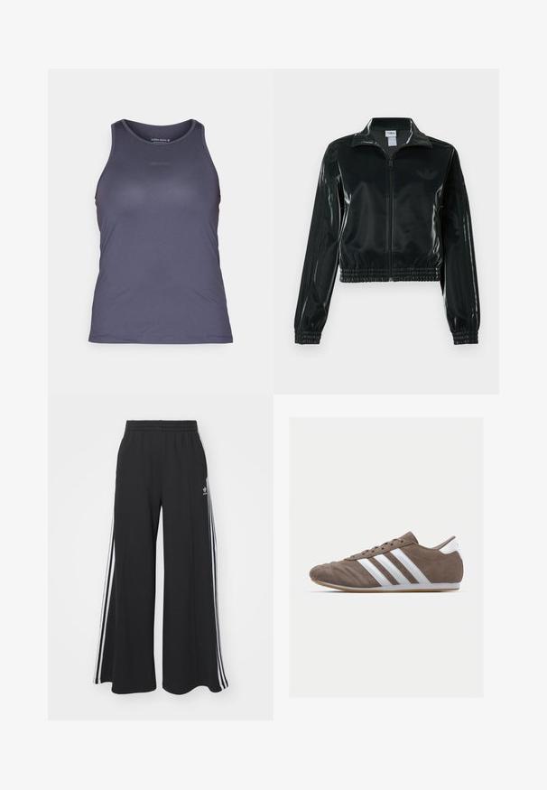 Casaco curto preto brilhante com fecho de correr frontal, gola alta e bainha elástica. Apresenta três riscas nas mangas e um pequeno logotipo no peito.; Top de treino em roxo escuro com decote redondo, textura suave e logo 'BORG' discreto em relevo na parte da frente. Design de costas nadador.; Calças de suor largas e pretas com uma cintura elástica, apresentando riscas brancas nas laterais e um logótipo bordado na coxa esquerda.; Sapatilha de desporto de camurça castanha com riscas brancas, biqueira redonda, design de atacadores e sola de borracha de goma. Parte superior texturizada com detalhes em costura.