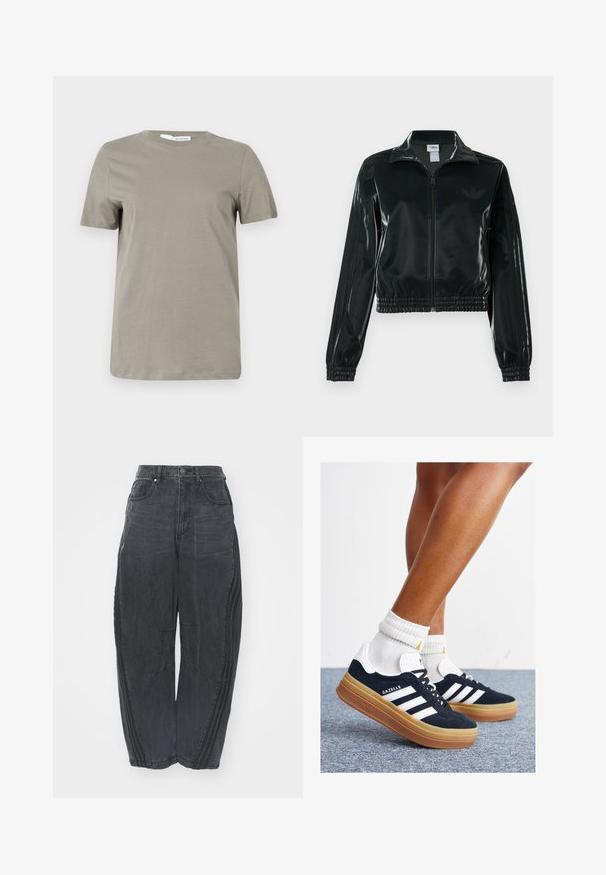 Svart glansig kort jacka med dragkedja framtill, hög krage och elastisk nederkant. Har tre ränder på ärmarna och en liten logga på bröstet.; Kakhi t-shirt med kort ärm i mjukt tyg. Rundad halsringning; rak kant. Minimalistisk design utan synliga mönster eller accenter.; Baggy svarta denimjeans med en urtvättad finish, fem fickor, midjeband med knappstängning och sömnadsdetaljer framtill och på sidorna.; Svarta sneakers i mocka med vita ränder och detaljer, rundad tå, yttersula i gummiblandning, kombinerade med vita ribbade crew-strumpor.