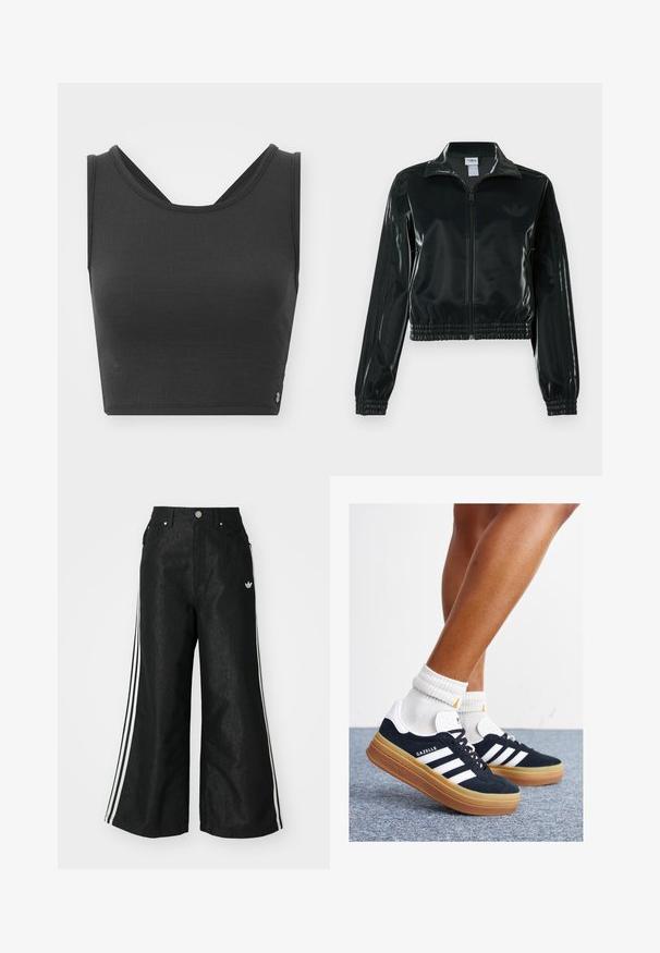 Black glossy cropped jacket with a zip front, high collar, and elasticized hem. Features three stripes on sleeves and a small logo on the chest.; Black crop top with textured fabric, wide straps, and a V-shaped back design. Features a minimalist aesthetic and subtle logo detail.; Black wide-leg denim pants with three white stripe accents on each side and a small white logo. Features front pockets and a button closure.; Black suede sneakers with white stripes and accents, rounded toe, gum rubber outsole, paired with white ribbed crew socks.