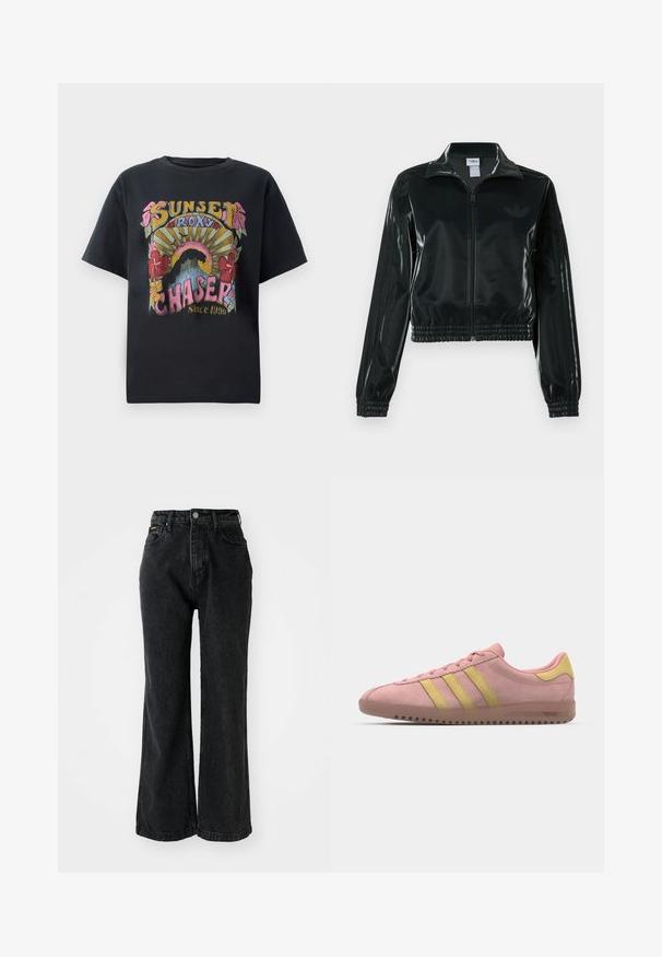 Crna sjajna kratka jakna s patentnim zatvaračem sprijeda, visokim ovratnikom i porubom s elastikom. Na rukavima ima tri pruge i mali logo na prsima.; Crna pamučna majica s šarenim grafičkim dizajnom koji prikazuje cvijeće, sunčeve zrake i natpis "SUNSET ROXY CHASER Od 1990." vidljivo istaknut.; Crne traperice od denima s visokom strukom, širokim nogavicama i šavnim detaljima. Ima pet džepova i dugme na struku.; Roza ante sneaker s tri žute pruge, okrugli nos i teksturirana guma potplat. Nizak profil s jastučićem oko gležnja.