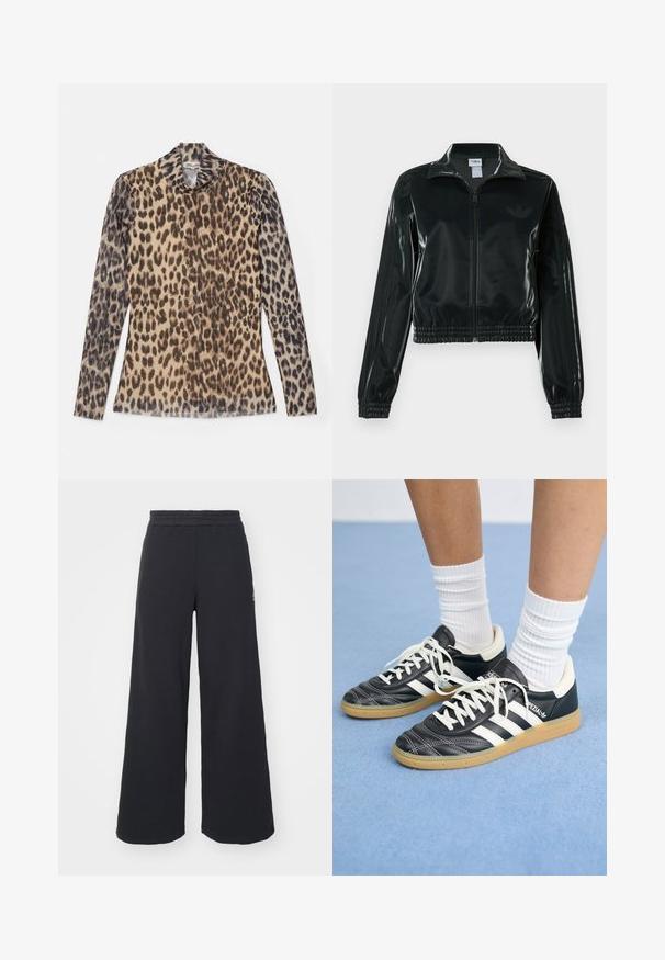 Fekete, fényes rövidített dzseki cipzárral az elején, magas gallérral és elasztikus szegéllyel. Három csík díszíti az ujjakat, és kis logó található a mellrészen.; Leopárdmintás, hosszú ujjú felső kerek nyakkivágással, könnyű anyagból, bézs és barna mintákkal.; Fekete, bő szárú melegítőnadrág, puha anyagból készült, rugalmas derékkal és egy kis logóval a bal oldalon.; Fekete bőr sportcipők fehér csíkokkal, kerek orral, fehér fűzővel és gumírozott talppal. Párnázott bokarész és márkajelzések emelik ki.