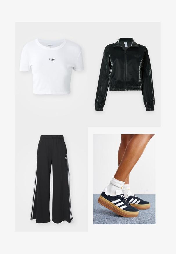 Sort, glinsende cropped jakke med lynlås foran, høj krave og elastisk kant. Har tre striber på ærmerne og et lille logo på brystet.; Hvid kortærmet crop top lavet af ribbet materiale. Har et subtilt sort logo centreret på brystet, rund halsudskæring og tætsiddende design.; Sorte brede sweatpants med elastisk talje, med hvide sidelommer og et broderet logo på venstre lår.; Sorte sneakers i ruskind med hvide striber og detaljer, rundet tå, ydersål i gummi, kombineret med hvide ribstrikkede crew sokker.