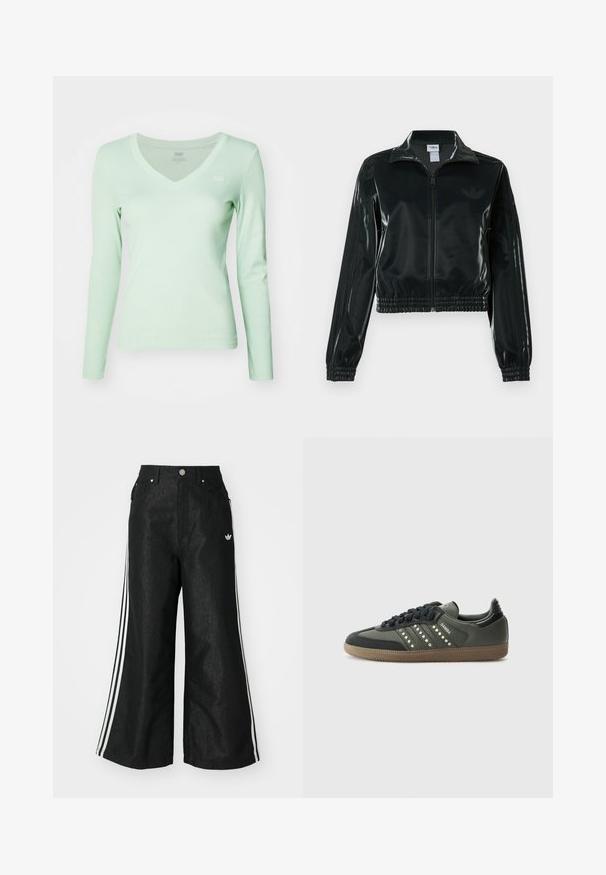 Black glossy cropped jacket with a zip front, high collar, and elasticized hem. Features three stripes on sleeves and a small logo on the chest.; Light green long-sleeve V-neck top made of soft fabric, featuring a slim fit and a small logo on the left chest.; Black wide-leg denim pants with three white stripe accents on each side and a small white logo. Features front pockets and a button closure.; adidas Originals SAMBA OG - Trainers - core black/legend earth/gum