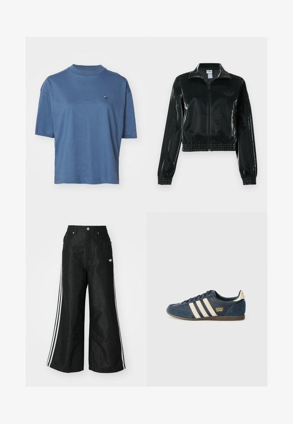 Casaco curto preto brilhante com fecho de correr frontal, gola alta e bainha elástica. Apresenta três riscas nas mangas e um pequeno logotipo no peito.; Carhartt WIP CHESTER - T-shirt básica - positano; Calças de denim largas pretas com três riscas brancas em cada lado e um pequeno logótipo branco. Apresenta bolsos frontais e um fecho de botão.; Sapatilhas de camurça azul-marinho com riscas bege, área do bico texturizada, logótipo dourado "adidas JAPAN" e sola de borracha castanha. Design clássico de cano baixo.