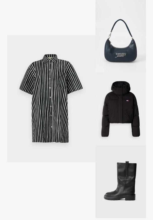 Jachetă puffer cropped neagră, cu guler înalt, dotată cu un patch branduit, mansete elastice și buzunare laterale cu fermoar.; Cămașă cu nasturi, cu dungi verticale alb-negru, mâneci scurte, guler ascuțit și un buzunar pe pieptul stâng.; Cizme din piele neagră, până la genunchi, cu un design elegant, având o talpă groasă și un mâner lateral pentru o purtare ușoară. Accente notabile de cusătură.; Geantă de mână din piele bleumarin, cu o formă rotunjită, fermoar argintiu și logo "tommy jeans" scris cu un font cursiv pe față. Mânere scurte.