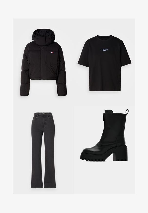 Svart kort puffjacka med hög krage, med ett märkespatch, elastiska ärmmuddar och dragkedjefickor på sidorna.; Svart bomulls T-shirt med rund nacke, korta ärmar och blå broderad "Calvin Klein JEANS" logotyp på framsidan.; Svarta högmidjade utsvängda jeans i denim, med knappknäppning, bältesöglor och sidofickor. Slät textur med minimal urtvättning.; Svart läderankelboot med kraftig klack, blockklack, sidodragkedja och dragögla på baksidan, på vit bakgrund.
