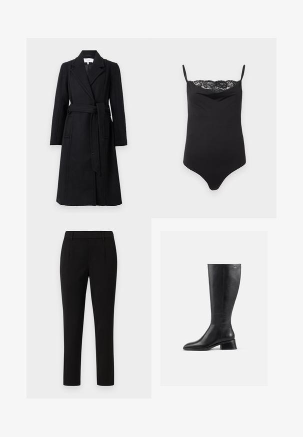 Sort uldfrakke med dobbeltrækker-design, klapkrave, lange ærmer og bælte i taljen. Har sidelommer og en glat tekstur.; Sort bodysuit med tynde stropper og blondekant øverst. Glat tekstur, tætsiddende design og dyb udskæring.; Sorte skræddersyede bukser med lige ben, lavet af glat stof. Har flad front, bælteløkker og ingen lommer.; Støvle i sort læder, der går til knæene, med rund tå og lav blokhæl. Har en glat tekstur og minimal syning.