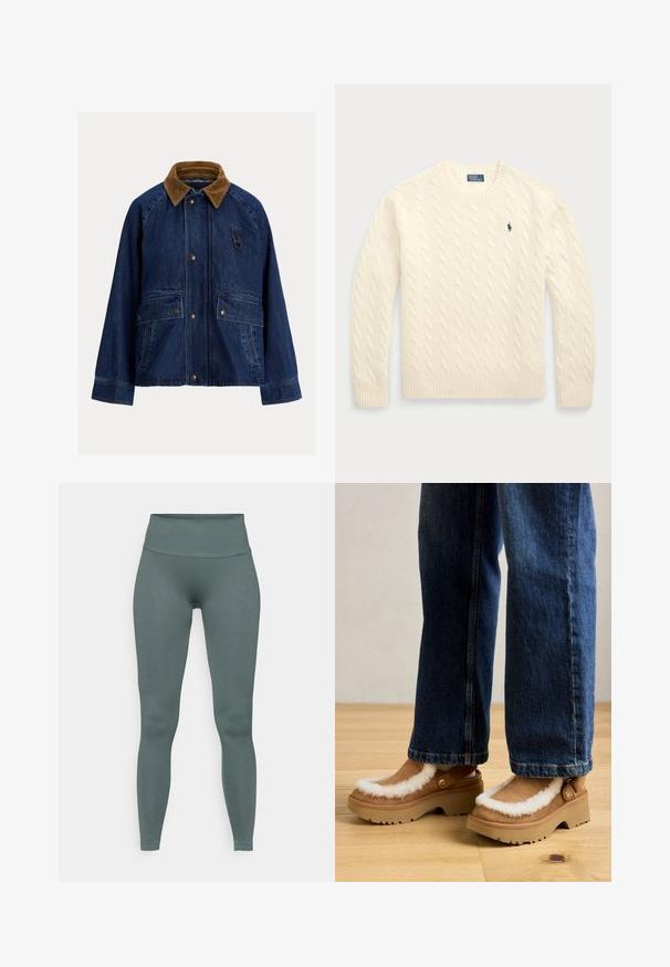 Τζάκετ από τζιν σε σκούρο μπλε χρώμα με καφέ βελουτέ γιακά, που διαθέτει δύο μπροστινές τσέπες, ασημένια εξαρτήματα και λεπτομέρεια βρόχου στην αριστερή πλευρά του στήθους.; Κρεμ πουλόβερ με πλέξη καλωδίου από μαλακό υλικό, διαθέτοντας στρογγυλή λαιμόκοψη, ριμπ μανσέτες και τελείωμα, με ένα μικρό μπλε λογότυπο στο στήθος.; Πράσινες ριχτές κολάν με ψηλή μέση, που διαθέτουν λεία υφή και κομψή γραμμή που επεκτείνεται μέχρι τους αστραγάλους.; Καφέ σουέτ κλειστά παπούτσια με λευκή συνθετική γούνα και καφέ λαστιχένιες σόλες, με πλευρικά τρυπητά και χοντρή σόλα, φορεμένα με μπλε τζιν.
