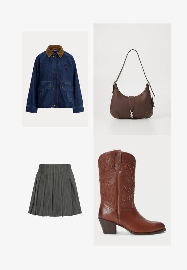 Giacchino in denim blu scuro con colletto in corduroy marrone, presenta due tasche frontali, accessori in argento e un dettaglio a gancio sul petto sinistro.; Camicia a righe con strisce verticali blu navy e bianche, chiusura frontale a bottoni e colletto classico. Maniche lunghe con polsini a bottone.; Moves LUCILLE - Gonna a pieghe - castlerock; Stivale da cowboy in pelle marrone con punta affusolata, design western in rilievo e tacco impilato. Presenta cuciture e una superficie liscia.; Borsa a tracolla in pelle marrone con forma arrotondata, accessori in argento e cuciture decorative. Presenta una tracolla e una chiusura a scatto.