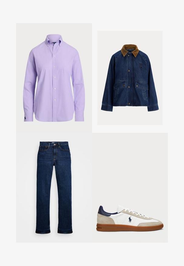 Casaco de ganga em azul-escuro com colarinho de veludo cotelê castanho, apresentando dois bolsos frontais, acessórios prateados e um detalhe em laço no peito esquerdo.; Camisa botões de cor púrpura clara com colarinho clássico, mangas longas e um tecido leve. Apresenta um discreto logo bordado na pulso.; Jeans de denim azul escuro com corte reto, apresentando cinco bolsos, costura em cobre e um fecho de botão clássico.; Sapatilhas brancas e bege com um cabedal em camurça e pele, detalhes em azul-marinho e uma sola em borracha castanha. Apresenta o logótipo na lateral e um design com atacadores.