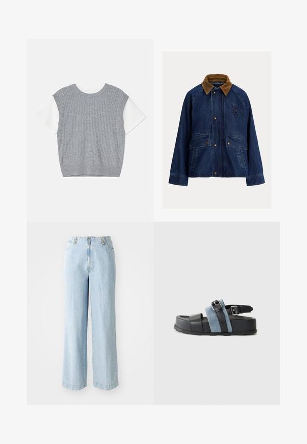 Jeans jakna v temno modri barvi z rjavim kord v okovju, ki ima dve sprednji žepi, srebrno opremo in zanko na levem prsnem delu.; Siv krojen pleten pulover s kratkimi belimi rokavi. Teksturiran žebljast vzorec, okroglo izrez, in skrajšan rob. Mehak material s sproščenim fitom.; sandro Ravne kavbojke - bleu jean; Črne in modre sandale s široko platformo, usnje in denim material, nastavljiva zaponka in odprt toe dizajn.