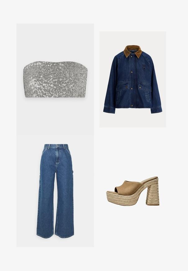 Jachetă din denim de culoare albastru închis, cu guler din catifea maro, având două buzunare frontale, elemente din metal argintiu și un detaliu sub formă de buclă pe pieptul stâng.; Top bandeau din paiete argintii cu un design curbat, textură netedă și finisaj strălucitor. Prezintă o siluetă simplă, fără bretele.; Pantaloni din denim albastru cu talie înaltă și picioare largi, cu o cusătură contrastantă și buzunare laterale, având un design clasic cu cinci buzunare și margini brut.; Mule-uri din suede maro cu talpă platformă și vârf deschis, având un toc chunky din jută împletită și un design superior neted, rotund.