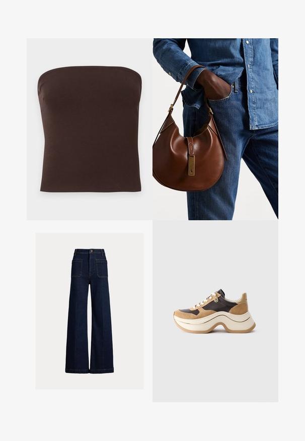 Τζάκετ από τζιν σε σκούρο μπλε χρώμα με καφέ βελουτέ γιακά, που διαθέτει δύο μπροστινές τσέπες, ασημένια εξαρτήματα και λεπτομέρεια βρόχου στην αριστερή πλευρά του στήθους.; Καφέ strapless τοπ φτιαγμένο από ριγωτό ύφασμα. Λείο υφή με εφαρμοστό σχήμα και καθαρές άκρες. Χωρίς ορατά λογότυπα ή σχέδια.; Πλατιά τζιν παντελόνια από σκούρο μπλε τζιν, με ψηλή μέση, δύο μπροστινές τσέπες και δύο πίσω τσέπες με κλείσιμο κουμπιού.; Sneaker με χοντρή σόλα σε μπεζ και σκούρο καφέ, με σουέτ λεπτομέρειες, λευκή κορδόνι και ένα μικρό χρυσό charm MK στο πλάι.; Καφέ δερμάτινη τσάντα hobo με στρογγυλή μορφή, με χρυσές μεταλλικές λεπτομέρειες και αντίθετη ραφή. Συνδυάζεται με τζιν πουκάμισο και τζιν παντελόνι.