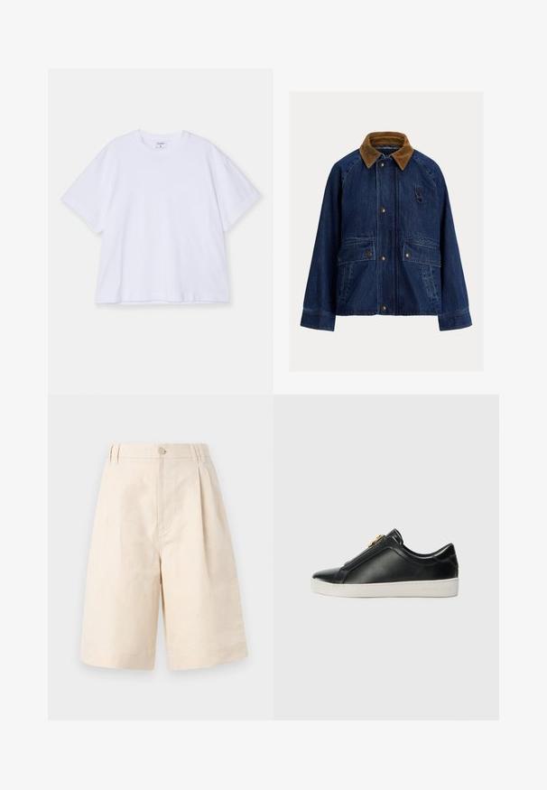 Tumši zilās džinsās jaka ar brūnu kordūras apkakli, kurai ir divas priekšējās kabatas, sudraba detaļas un cilpa kreisajā krūtīs.; Balts īsām piedurknēm T-krekls, kas izgatavots no kokvilnas. Tam ir apaļais kakls, brīvs piegriezums un gluda tekstūra. Vienkāršs dizains bez rakstiem vai akcentiem.; Beige linu džinsi ar brīvu piegriezumu, ar pogu aizdari, krokām un līdz ceļiem garumu. Gluda tekstūra un vienkāršs stils.; Melnas ādas slīdētājzābaki ar izceltiem šuvēm, sudraba aparatūras detaļām augšpusē un baltu gumijas zoli ar izceltiem zīmola elementiem.